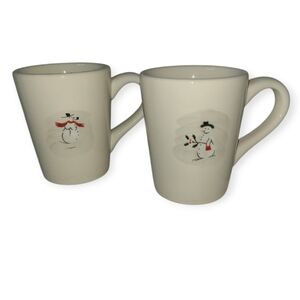 Williams Sonoma Set Of 2 Snowman Design Cream Mugs Stoneware Pottery